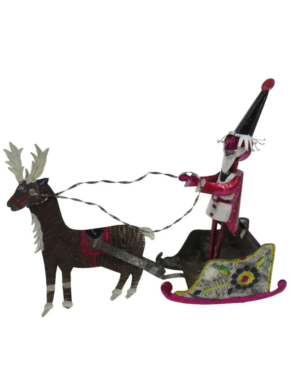 VTG Folk Art Santa Sleigh Reindeer Punched Punch Tin Christmas Holiday Mexico